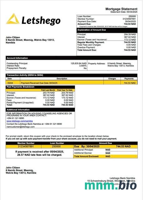 Namibia Letshego Bank Namibia wyciąg z kredytu hipotecznego szablon Word i PDF